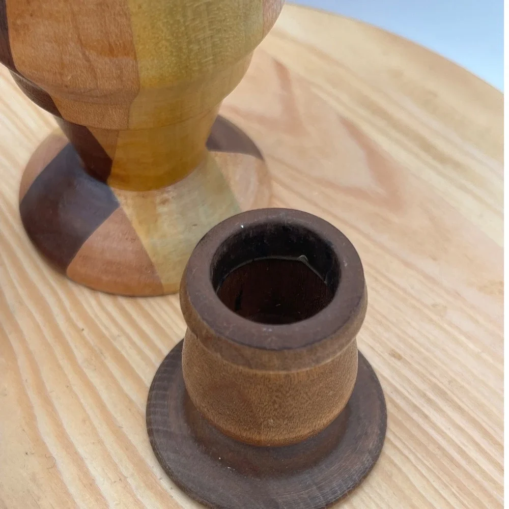 Vtg Mid Century Modern Turned Wood Candlestick Holders Set 3 minimalist